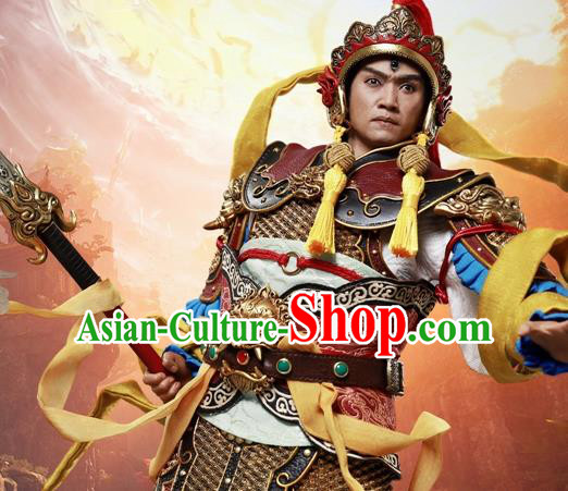 Chinese Ancient Cosplay Er Lang God Armor and Helmet Traditional Military Officer Costumes Complete Set for Men