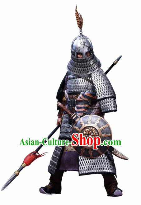 Chinese Ancient Cosplay General Argent Armor and Helmet Traditional Yuan Dynasty Military Officer Costumes Complete Set for Men