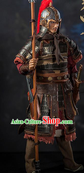 Chinese Ancient Cosplay General Yue Fei Armor and Helmet Traditional Song Dynasty Military Officer Costumes Complete Set for Men