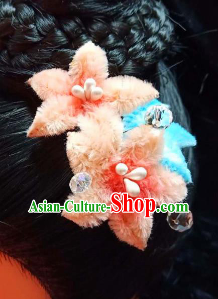 Chinese Ancient Qing Dynasty Court Orange Velvet Peach Flowers Hairpins Traditional Hanfu Handmade Hair Accessories for Women