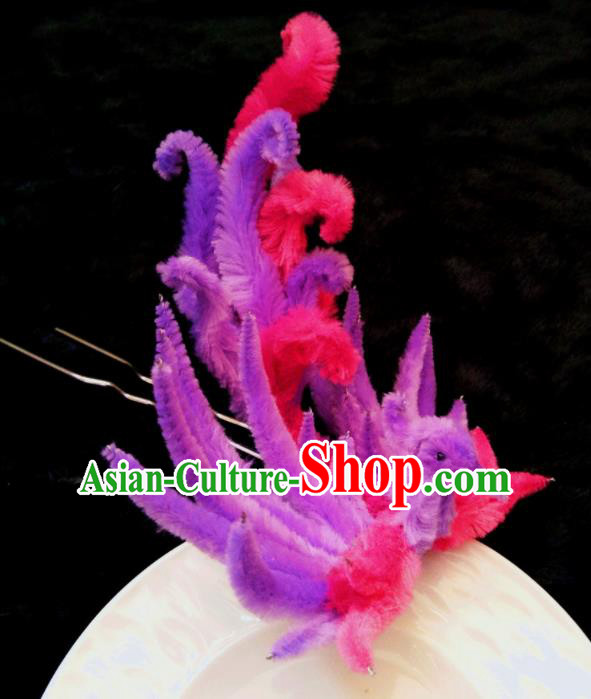 Handmade Chinese Ancient Qing Dynasty Purple Velvet Phoenix Hairpins Traditional Court Hanfu Hair Accessories for Women