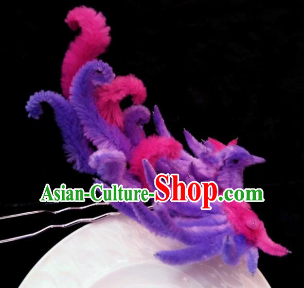 Handmade Chinese Ancient Qing Dynasty Purple Velvet Phoenix Hairpins Traditional Court Hanfu Hair Accessories for Women