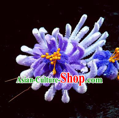 Chinese Ancient Qing Dynasty Lilac Velvet Chrysanthemum Hairpins Traditional Court Hanfu Hair Accessories for Women