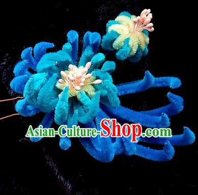 Chinese Handmade Qing Dynasty Royalblue Velvet Chrysanthemum Hairpins Traditional Ancient Court Hanfu Hair Accessories for Women