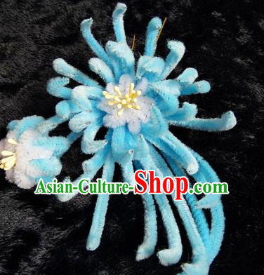 Chinese Handmade Qing Dynasty Court Blue Velvet Chrysanthemum Hairpins Traditional Ancient Hanfu Hair Accessories for Women