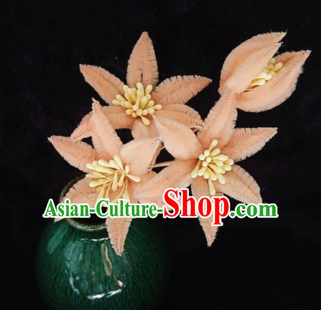 Chinese Handmade Qing Dynasty Court Peachy Velvet Lily Flowers Hairpins Traditional Ancient Hanfu Hair Accessories for Women