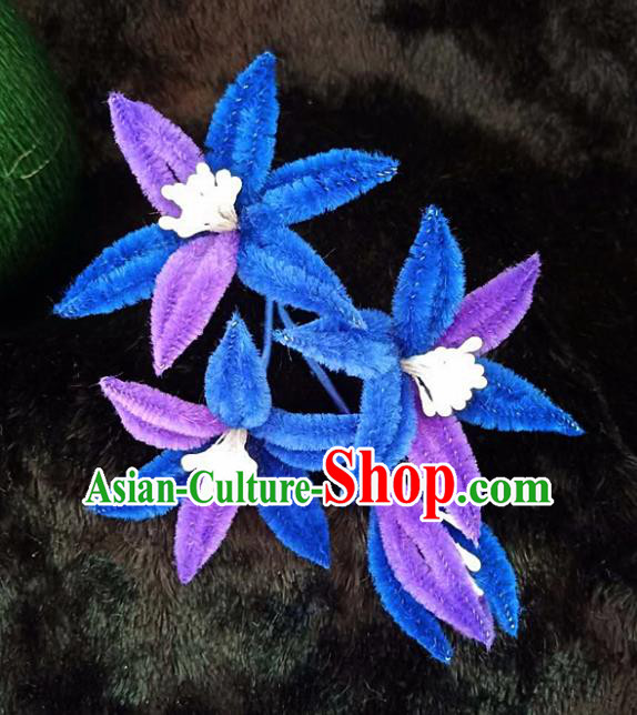 Chinese Handmade Qing Dynasty Court Blue Velvet Lily Flowers Hairpins Traditional Ancient Hanfu Hair Accessories for Women