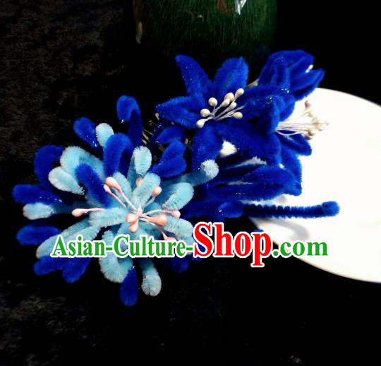 Chinese Handmade Qing Dynasty Court Blue Velvet Chrysanthemum Hairpins Traditional Ancient Hanfu Hair Accessories for Women