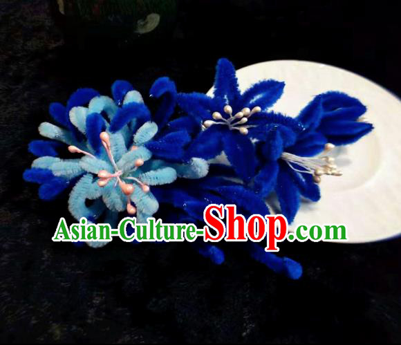 Chinese Handmade Qing Dynasty Court Blue Velvet Chrysanthemum Hairpins Traditional Ancient Hanfu Hair Accessories for Women