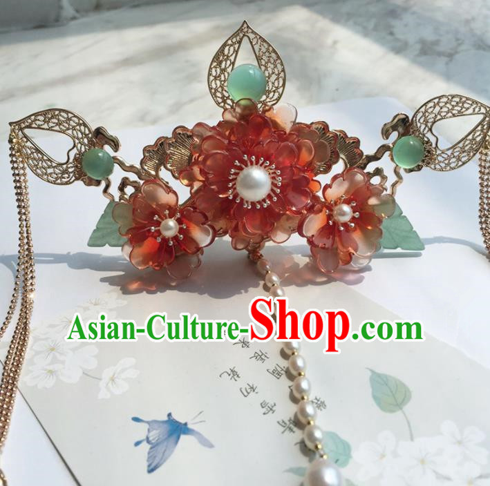 Chinese Handmade Ancient Red Peony Hair Crown Hairpins Traditional Hanfu Hair Accessories for Women