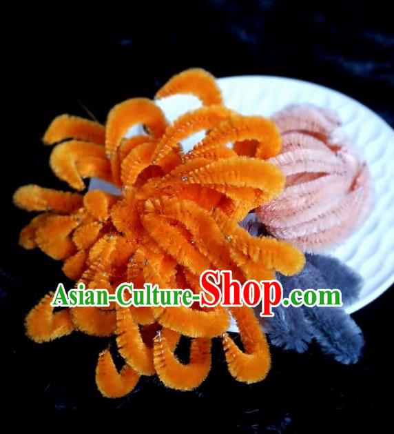 Chinese Ancient Qing Dynasty Court Orange Velvet Chrysanthemum Hairpins Traditional Hanfu Handmade Hair Accessories for Women