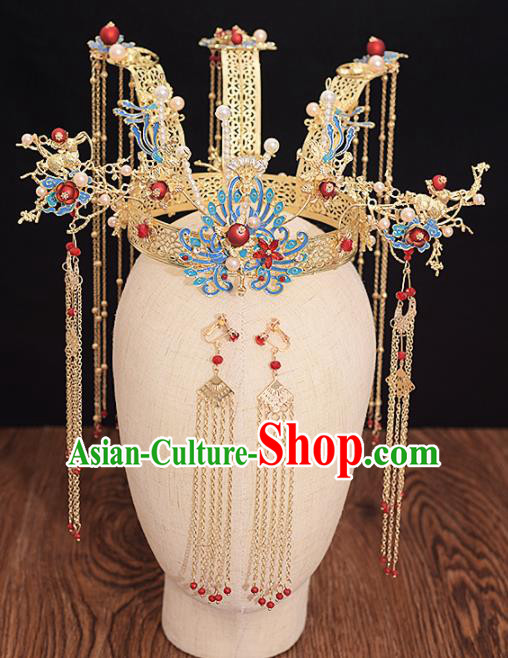 Chinese Ancient Bride Phoenix Coronet Tassel Hairpins Traditional Hanfu Wedding Hair Accessories for Women