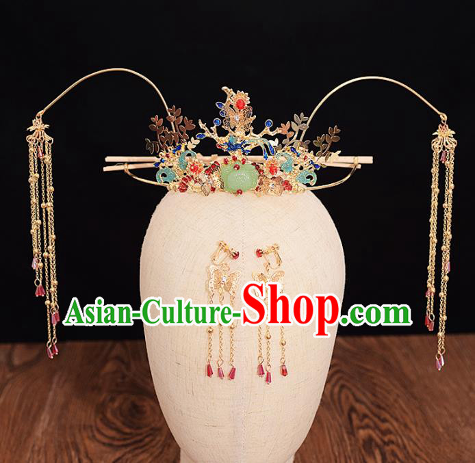 Chinese Ancient Bride Cloisonne Phoenix Coronet Tassel Hairpins Traditional Hanfu Wedding Hair Accessories for Women