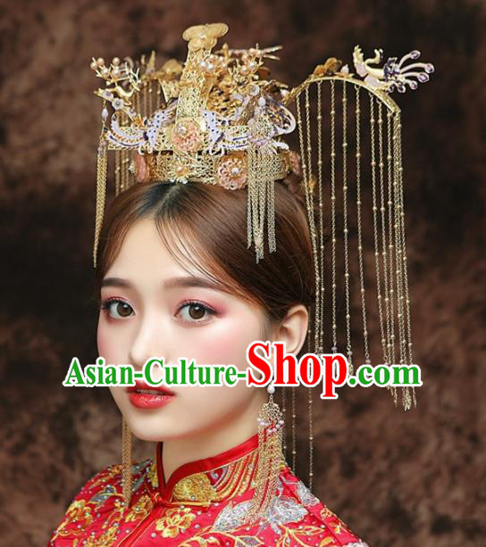 Chinese Ancient Bride Golden Phoenix Coronet Tassel Hairpins Traditional Hanfu Wedding Hair Accessories for Women