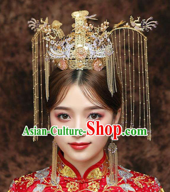 Chinese Ancient Bride Golden Phoenix Coronet Tassel Hairpins Traditional Hanfu Wedding Hair Accessories for Women