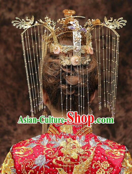 Chinese Ancient Bride Golden Phoenix Coronet Tassel Hairpins Traditional Hanfu Wedding Hair Accessories for Women
