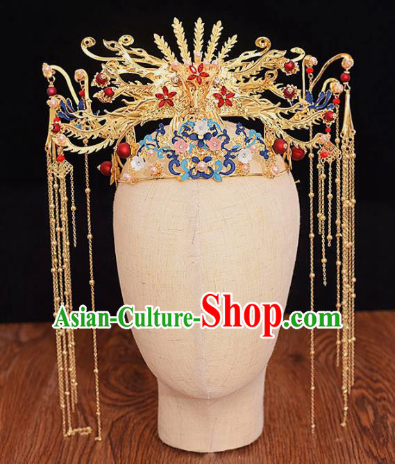 Chinese Ancient Bride Blueing Phoenix Coronet Tassel Hairpins Traditional Hanfu Wedding Hair Accessories for Women