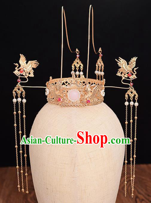 Chinese Ancient Bride Golden Crane Phoenix Coronet Tassel Hairpins Traditional Hanfu Wedding Hair Accessories for Women