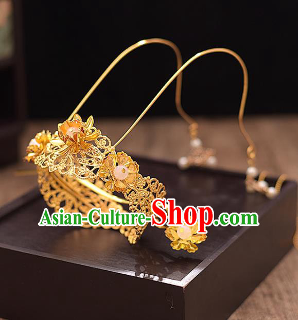 Chinese Ancient Bride Golden Phoenix Coronet Tassel Hairpins Traditional Hanfu Wedding Hair Accessories for Women