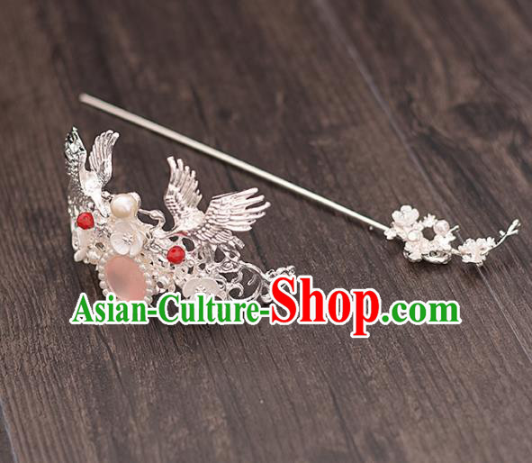 Chinese Ancient Bride Crane Hairdo Crown Hairpins Traditional Hanfu Wedding Hair Accessories for Women