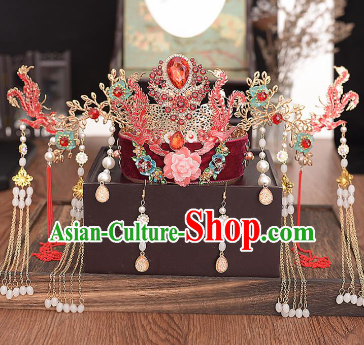 Chinese Ancient Bride Red Phoenix Coronet Hairpins Traditional Hanfu Wedding Hair Accessories for Women