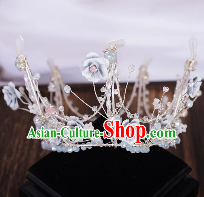 Top Grade Handmade Baroque Blue Flowers Royal Crown Traditional Princess Wedding Hair Accessories for Women