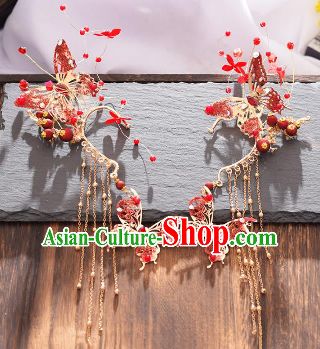 Chinese Ancient Court Red Butterfly Tassel Earrings Traditional Princess Hanfu Wedding Accessories for Women