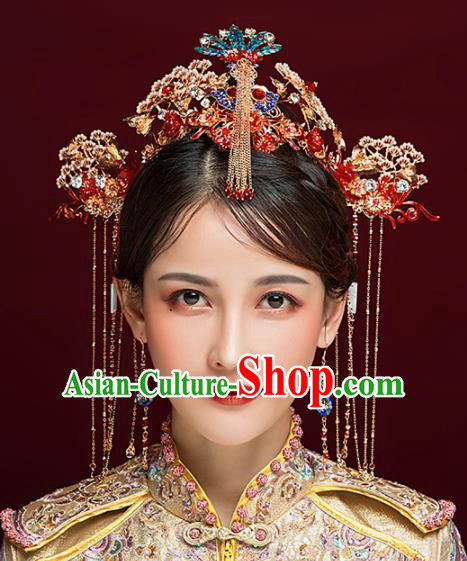 Chinese Ancient Bride Cloisonne Phoenix Coronet Hairpins Traditional Hanfu Wedding Hair Accessories for Women