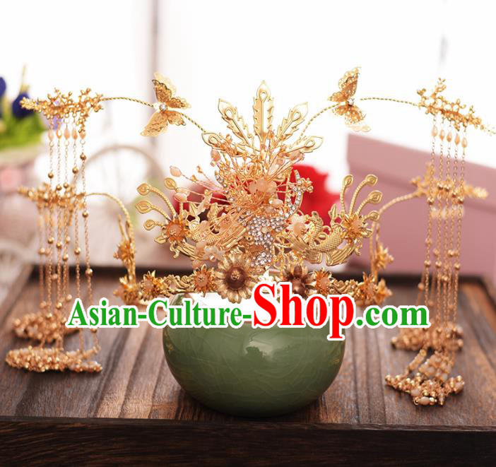 Chinese Ancient Bride Golden Tassel Phoenix Coronet Hairpins Traditional Hanfu Wedding Hair Accessories for Women