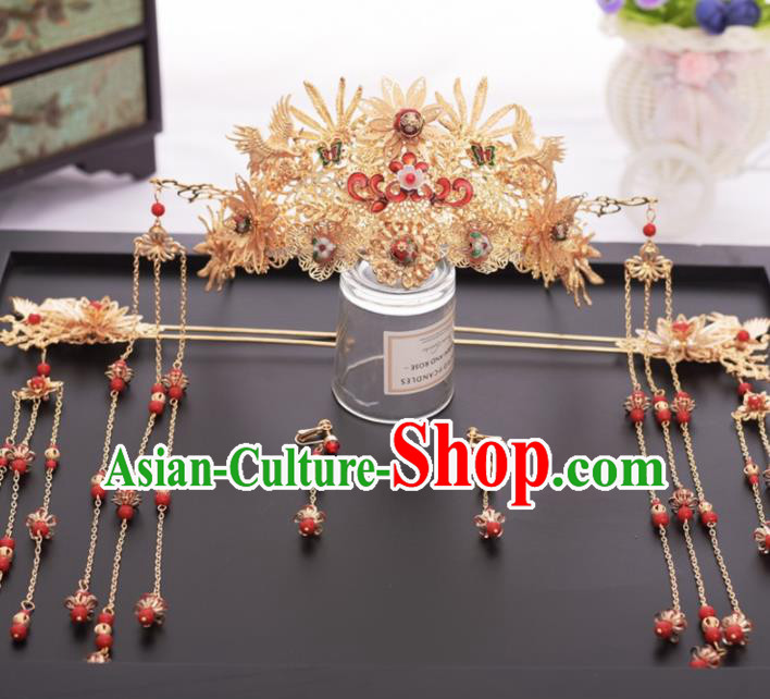 Chinese Ancient Bride Ceramics Bead Phoenix Coronet Hairpins Traditional Hanfu Wedding Hair Accessories for Women