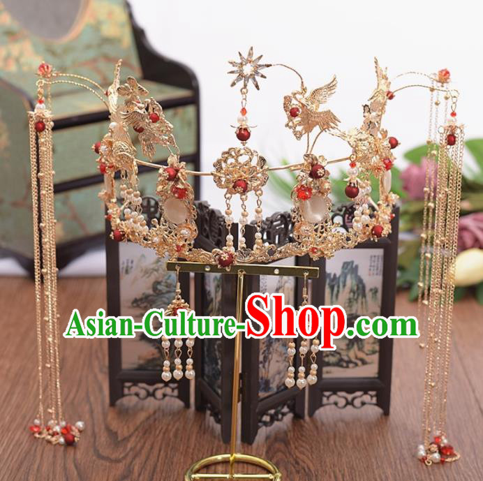 Chinese Ancient Bride Crane Tassel Phoenix Coronet Hairpins Traditional Hanfu Wedding Hair Accessories for Women