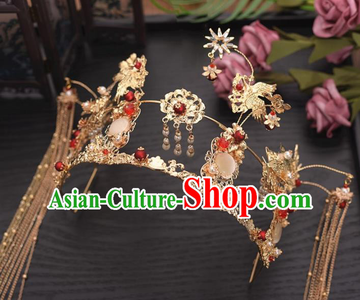 Chinese Ancient Bride Crane Tassel Phoenix Coronet Hairpins Traditional Hanfu Wedding Hair Accessories for Women