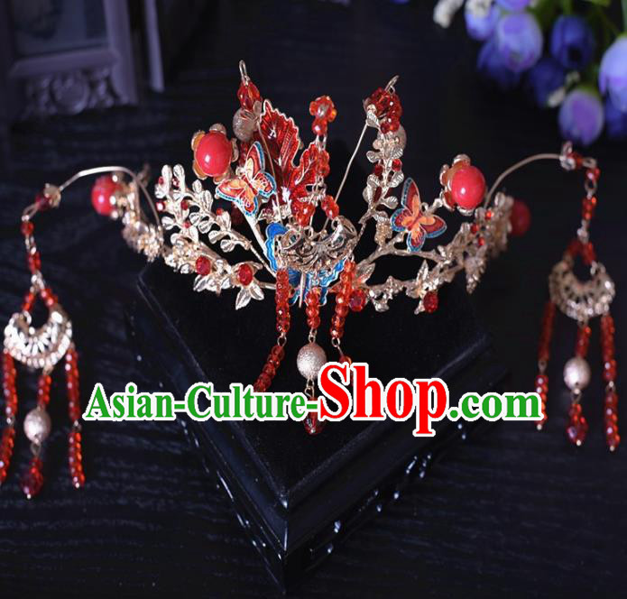 Chinese Ancient Bride Red Phoenix Coronet Hairpins Traditional Hanfu Wedding Hair Accessories for Women