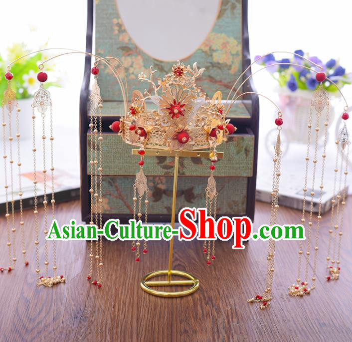 Chinese Ancient Bride Jade Butterfly Phoenix Coronet Hairpins Traditional Hanfu Wedding Hair Accessories for Women