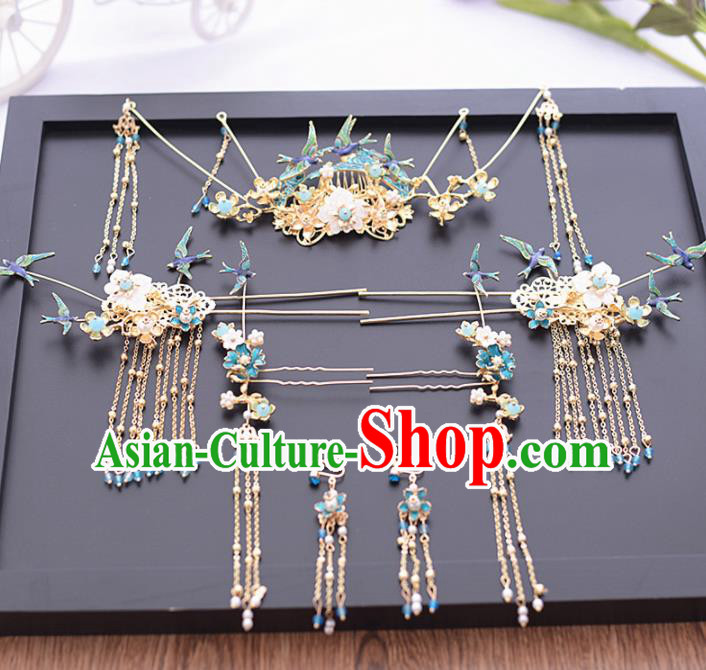 Chinese Ancient Bride Blue Birds Hair Comb Tassel Hairpins Traditional Hanfu Wedding Hair Accessories for Women