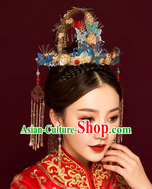 Chinese Ancient Bride Blue Butterfly Phoenix Coronet Tassel Hairpins Traditional Hanfu Wedding Hair Accessories for Women