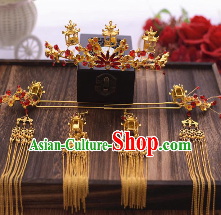 Chinese Ancient Bride Hair Crown Tassel Hairpins Traditional Hanfu Wedding Hair Accessories for Women