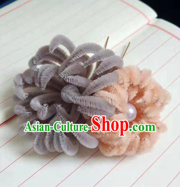 Chinese Ancient Court Grey and Orange Velvet Chrysanthemum Hairpins Traditional Hanfu Handmade Hair Accessories for Women