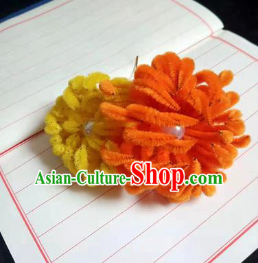 Chinese Ancient Court Orange and Yellow Velvet Chrysanthemum Hairpins Traditional Hanfu Handmade Hair Accessories for Women