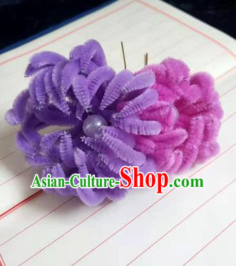 Chinese Ancient Court Purple and Rosy Velvet Chrysanthemum Hairpins Traditional Hanfu Handmade Hair Accessories for Women