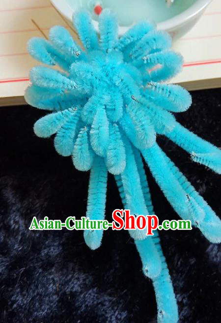 Chinese Ancient Court Blue Velvet Chrysanthemum Hairpins Traditional Hanfu Handmade Hair Accessories for Women