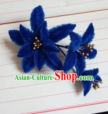 Chinese Ancient Court Royalblue Velvet Lily Flowers Hairpins Traditional Hanfu Handmade Hair Accessories for Women