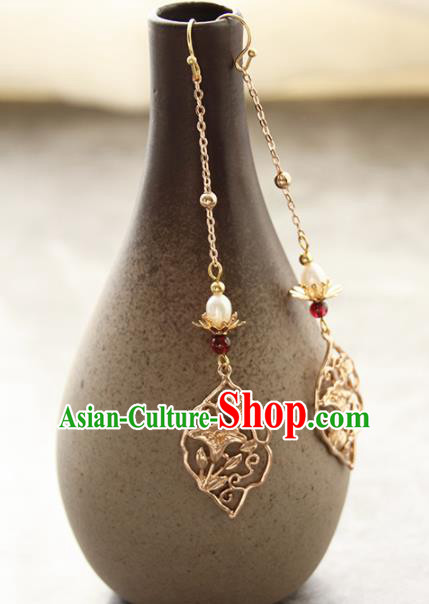 Chinese Ancient Court Golden Carving Earrings Traditional Princess Hanfu Wedding Ear Accessories for Women