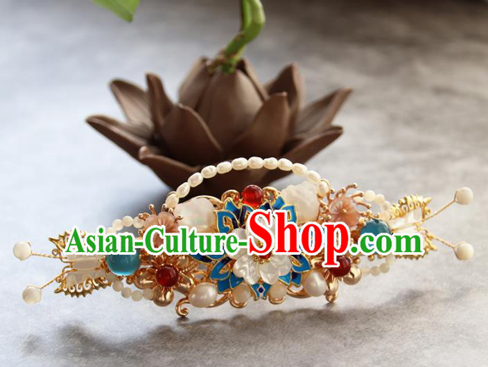 Chinese Ancient Princess Blueing Lotus Pearls Hairpins Traditional Handmade Hanfu Hair Accessories for Women