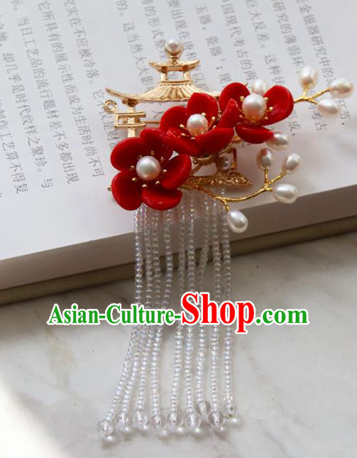 Chinese Ancient Court Red Flowers Tassel Brooch Traditional Princess Hanfu Breastpin Accessories for Women