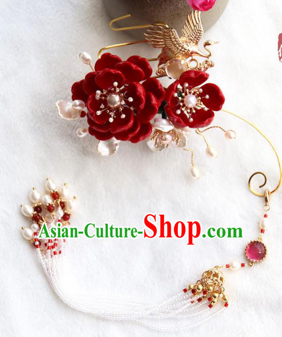 Chinese Ancient Court Red Flowers Crane Tassel Brooch Traditional Princess Hanfu Breastpin Accessories for Women