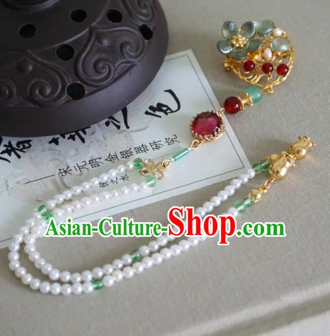 Chinese Ancient Court Pearls Tassel Brooch Traditional Princess Hanfu Breastpin Accessories for Women