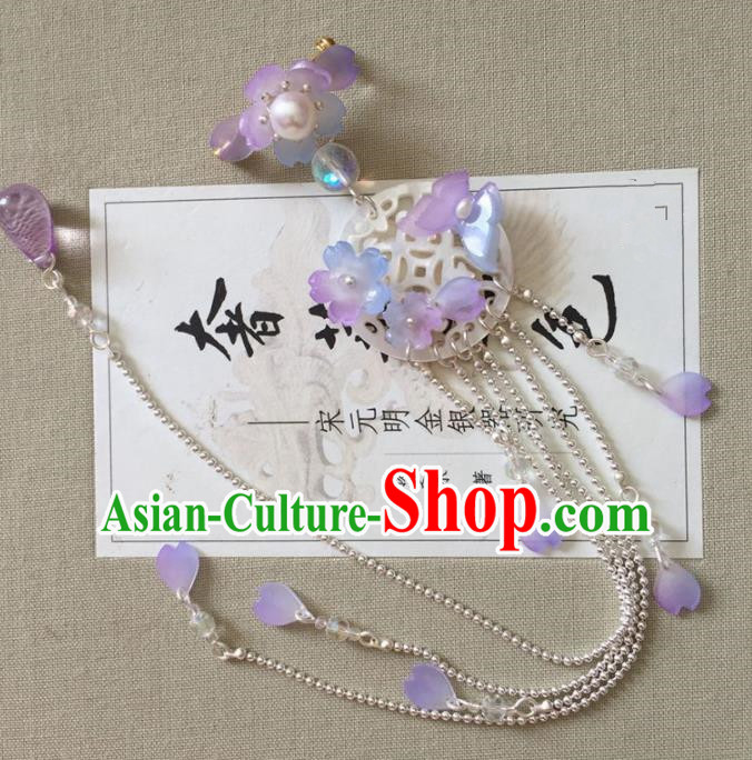 Chinese Ancient Court Purple Flowers Tassel Brooch Traditional Princess Hanfu Breastpin Accessories for Women