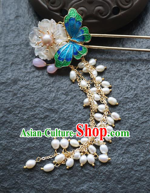 Chinese Ancient Princess Blueing Butterfly Beads Tassel Hairpins Traditional Handmade Hanfu Hair Accessories for Women