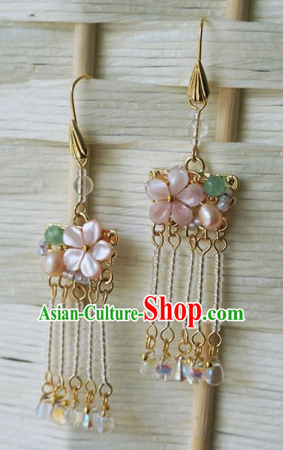 Chinese Ancient Court Pink Flower Tassel Earrings Traditional Princess Hanfu Wedding Ear Accessories for Women
